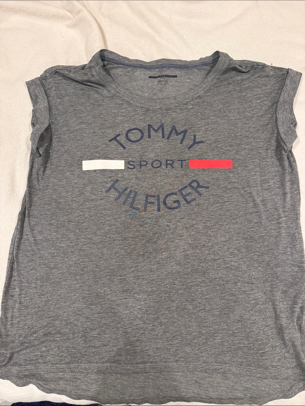 Tommy Hilfiger Gray Short Sleeve Sport Logo Tee with Red & White Accents